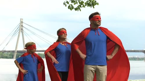 Brave Superhero Family Watching Safety of City, Powerful Team Going to Victory