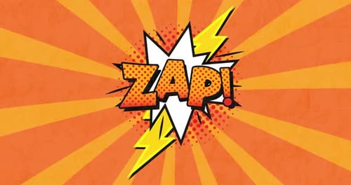 Animation of ZAP written in orange with a yellow lightning on a orange striped background
