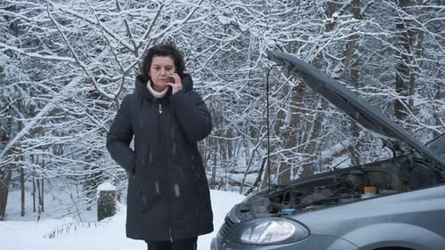 Woman Talking on Phone by Car in Winter