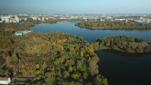 Flight Over The Autumn Park. Park On The Shore Of A Large Lake.