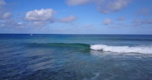 Wide fly over copy space shot of a white sandy paradise beach and blue ocean background in hi res 4K