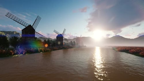 Animated Windmills by River in a Serene Sunset Landscape