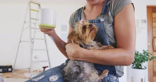 Smiling Woman Holding Dog During Home Painting Renovation