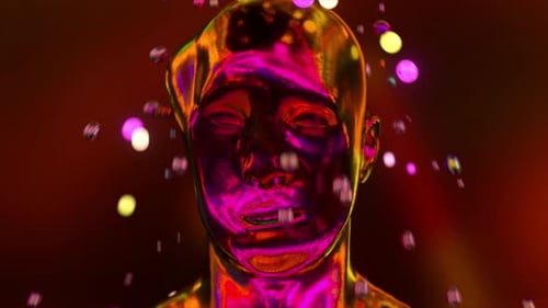 Futuristic Metallic Head with Abstract Distortion and Neon Lights