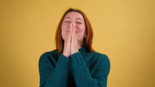Young Red Hair Woman Posing Isolated on Yellow Color Background Studio