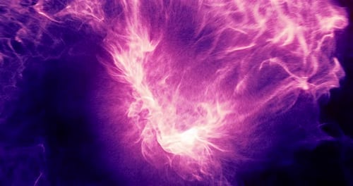 Abstract purple flames, plasma and particles moving around in a fluid motion.