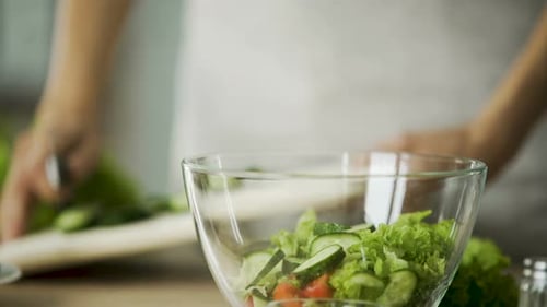 Woman preparing salad at the kitchen, close-up of female hands cutting cucumber