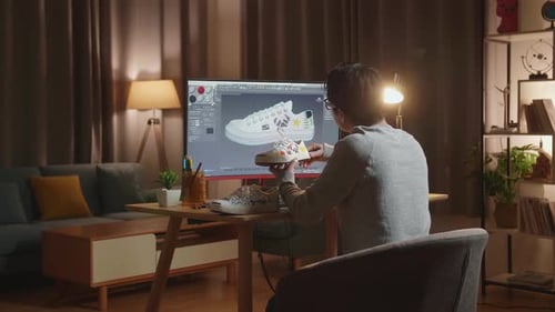 Young Adult Designing Custom Shoes at Home
