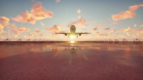 Plane Takes Off at Sunrise
