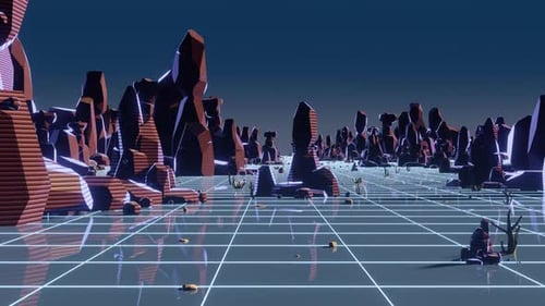 Retro Sci-Fi Landscape with Neon Grid and Abstract Mountains