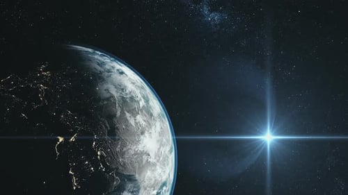 Cosmic Earth Rotation with Glowing Star and Lens Flare