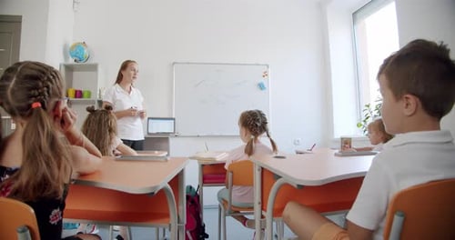 The Teacher in the Lesson Stands in Front of the Board and Explains To the Children
