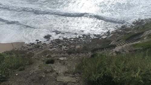 Aerial View of Huge Waves Breaking As They Roll to Sea Shore