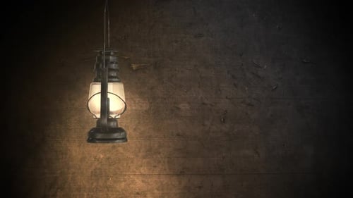 Vintage Lantern Swaying with Flickering Light on Wooden Background