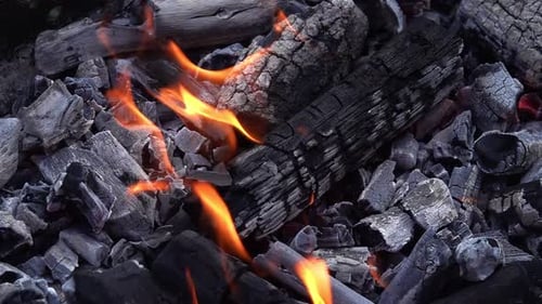 Burning Charcoal Embers and Fire Close Up