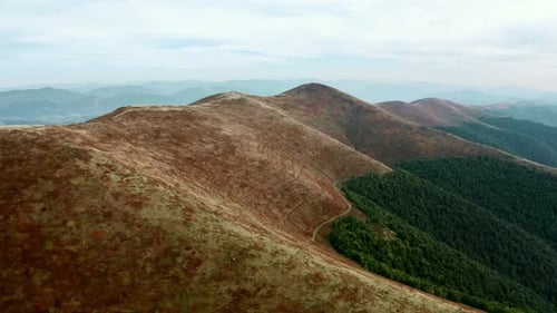 Aerial View Drone Footage: Flight Over Green Meadow with Holiday Camp. Forest and Mountain Range in