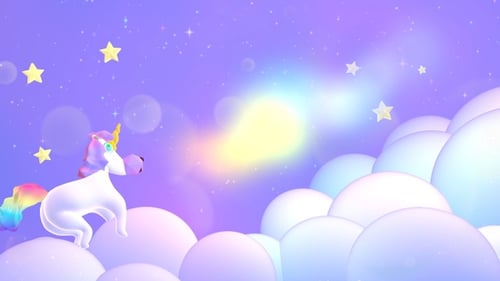 Whimsical Cartoon Unicorn Flying on Clouds Animated Background Loop