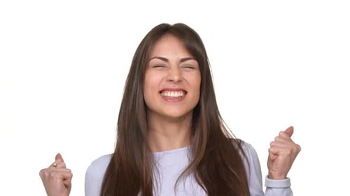 Happy Woman Cheering in Front of White Background