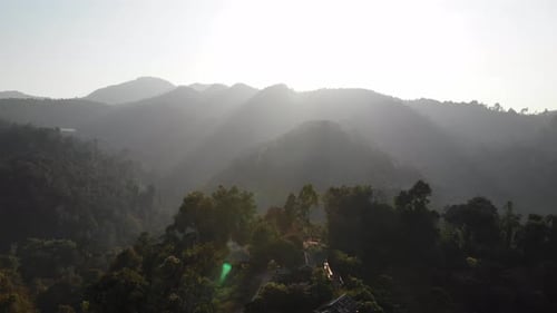 Aerial view forest in morning fog mist of Aerial beautiful with mountain view
