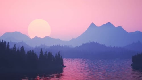 Sunset over a lake surrounded by coniferous forest and mountains. Vivid pink sky