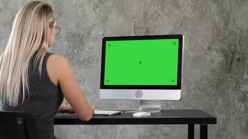 Young Business Woman Working in Office Interior on PC on Desk