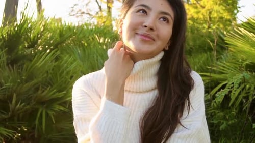 Slow Motion Young Asian Woman in City Face Portrait Smile Happy