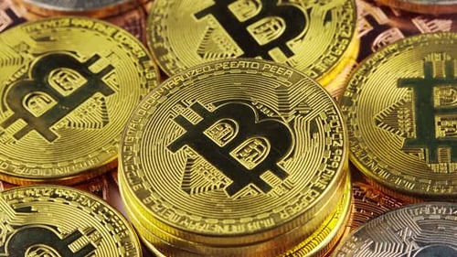 Golden Bitcoin Cryptocurrency Coins Close Up