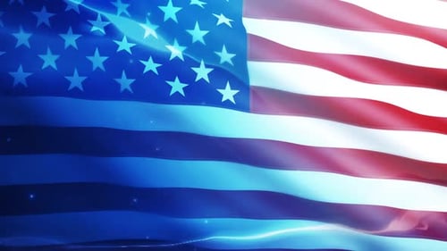 Waving American Flag with Blue Gradient Glow