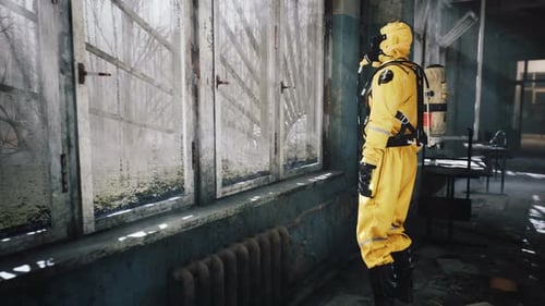 Hazmat Suit Figure in Dilapidated Room Looks Out Window