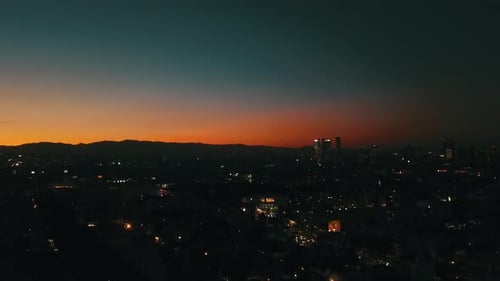 Aerial drone shot, Sunset of Mexico city, buildings night