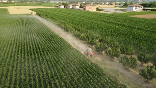 Tractor Drives Along Farmland Path Aerial