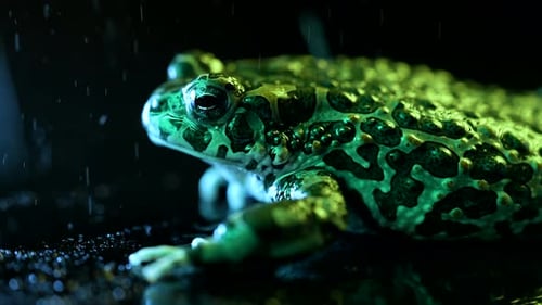 Green Frog in Rain at Night Close Up
