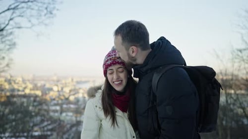 Happy Romantic Couple on a Date at Sunny Winter Day