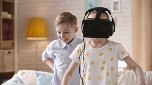 Children Play with Virtual Reality Headset in Home