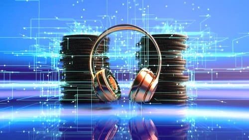 Futuristic Headphones Rotating Over Coins with Glowing Digital Connections