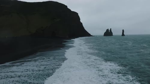 Iceland Black Sand Beach with Huge Waves at Reynisfjara Vik