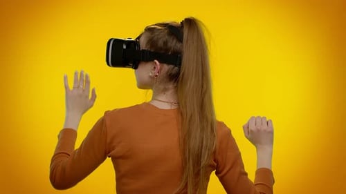 Woman Wearing VR Headset with Hand Motion