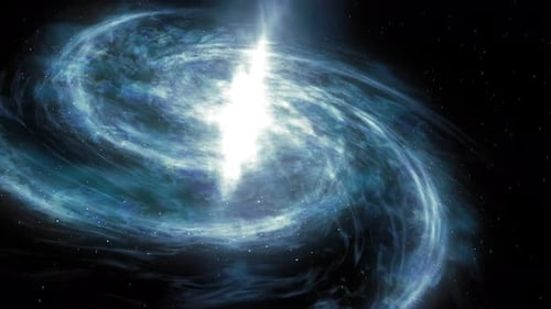 Kamera fliegt durch die Galaxie. 3D-Rendermodell der Galaxienstruktur.