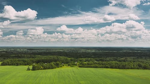 Sky With Clouds On Horizon Above Rural Landscape Young Green Wheat Field