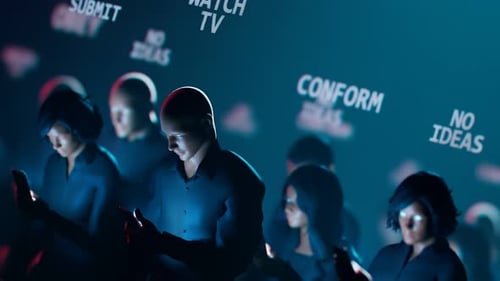 People hypnotized by their mobiles walk in the dark. Zombie walk. Mind control