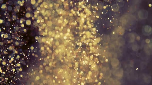Abstrakte goldene Partikel mit verschwommenen defokussierten Bokeh-Bewegungen, Chaos, Schneeflocken