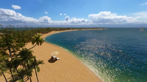 Sandy Beach With Sunbeds And Umbrella