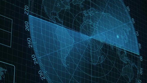 Futuristic Global Map Digital Interface with Scanning Radar