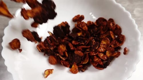 Macro View of Preparing Breakfast From Chocolate Cornflakes in Slowmo