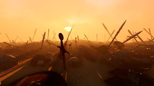 Ancient Battlefield Aftermath with Skeletons and Weapons at Sunset