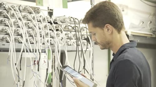 Man Inspecting Electrical Equipment with Tablet
