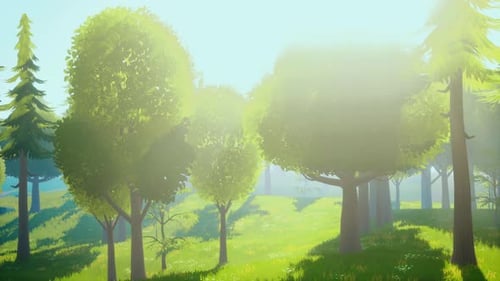 Cartoon Green Forest Landscape with Trees and Flowers