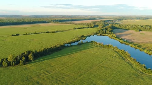 Aerial Top View of Grassy Furrowed Field. Fertile Meadow and Pound in Spring Day