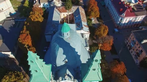 Aerial view of city and church. Aerial drone view of church in city