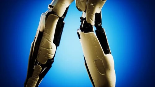 3D Robotic Body Assembly Animation on Blue Background